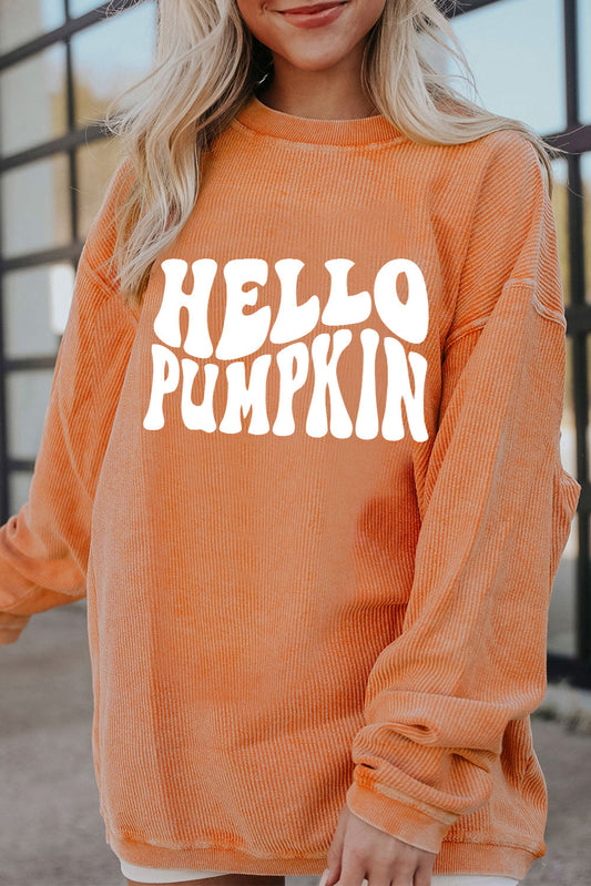 Sudadera con cordón y estampado de letras HELLO PUMPKIN en color naranja