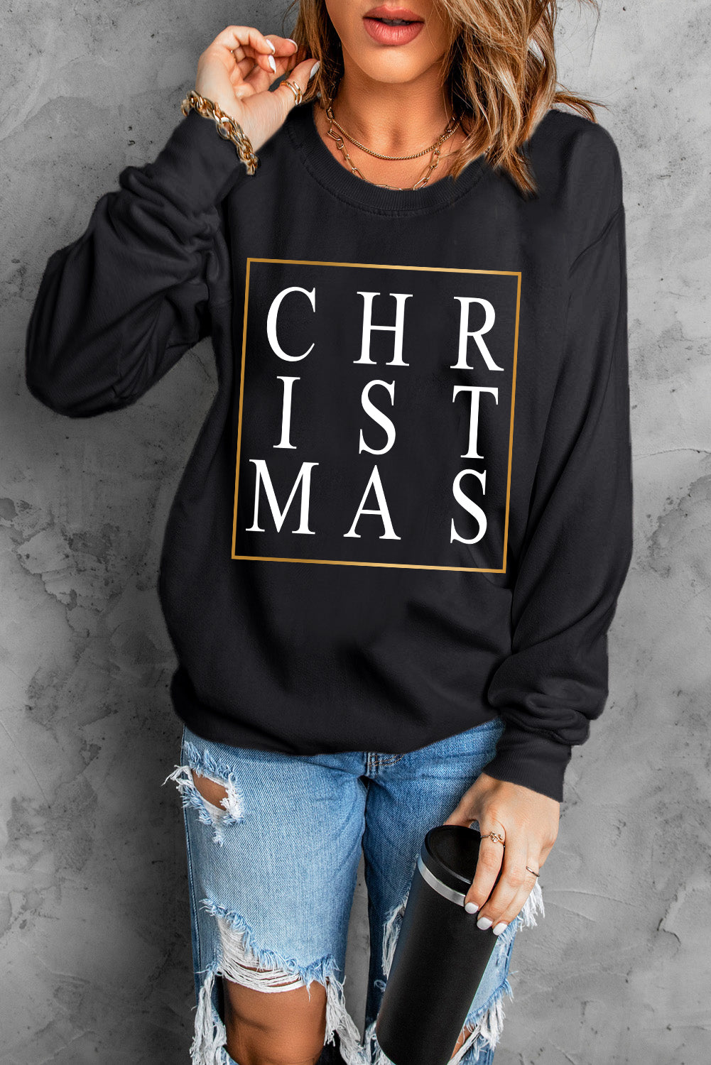 Gray Christmas Letter Plaid Car Graphic Print Pullover Sweatshirt