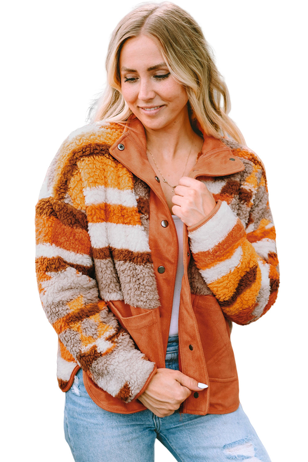 Chestnut Plus Size Quilted Patch Pockets Aztec Furry Jacket