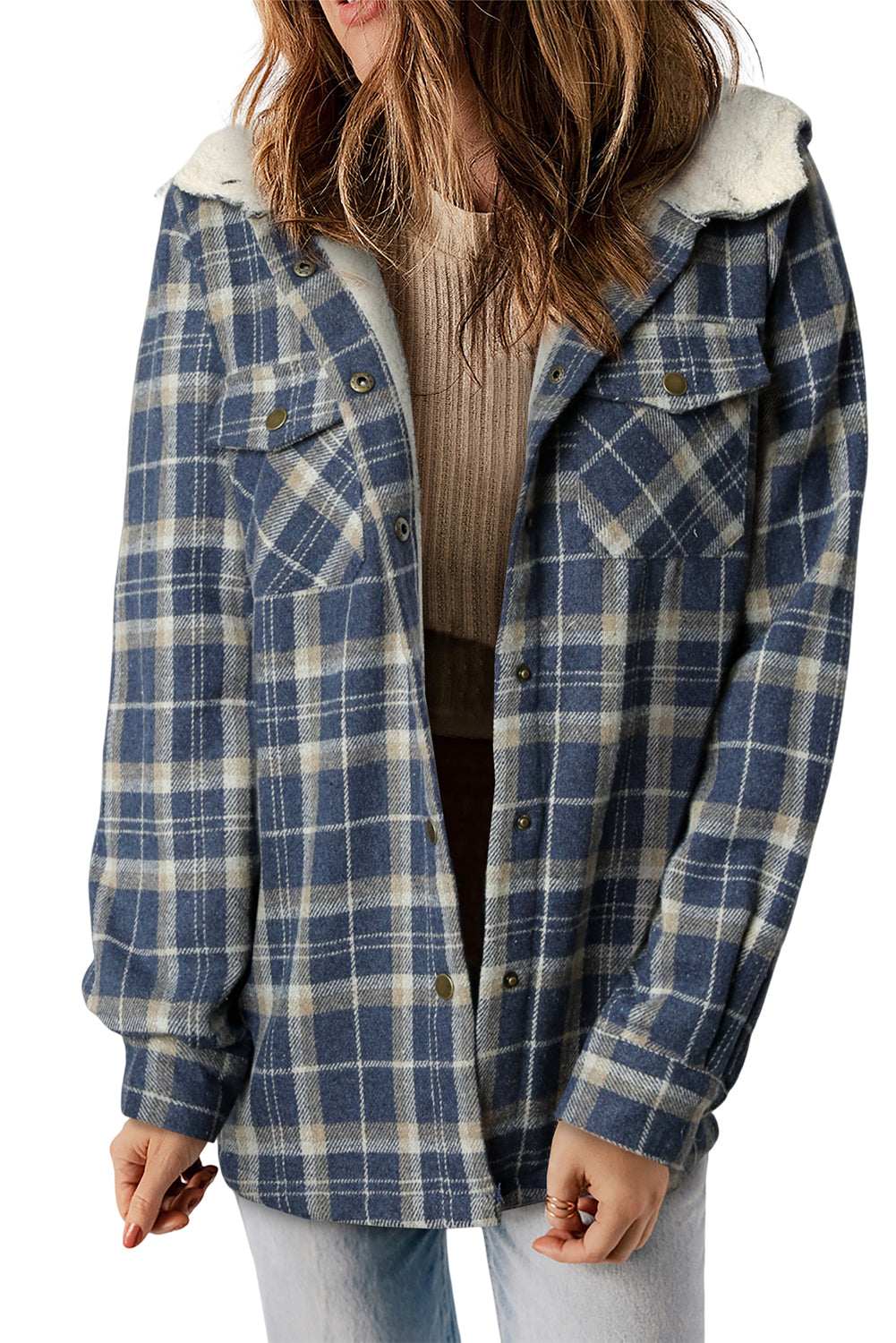 Gray Plaid Pattern Sherpa Lined Hooded Shacket