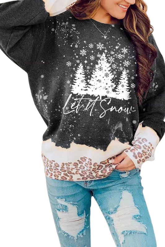 Sudadera con estampado navideño de leopardo y nieve en color negro 