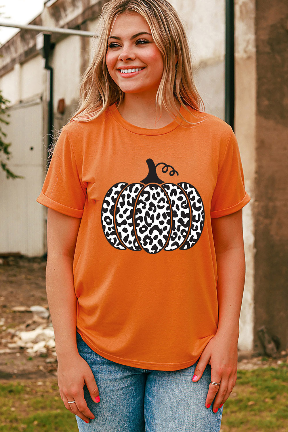 Camiseta de moda diaria con estampado de calabaza y leopardo