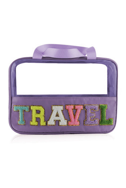 Bolsa de maquillaje de PVC transparente con letras de chenilla de color morado