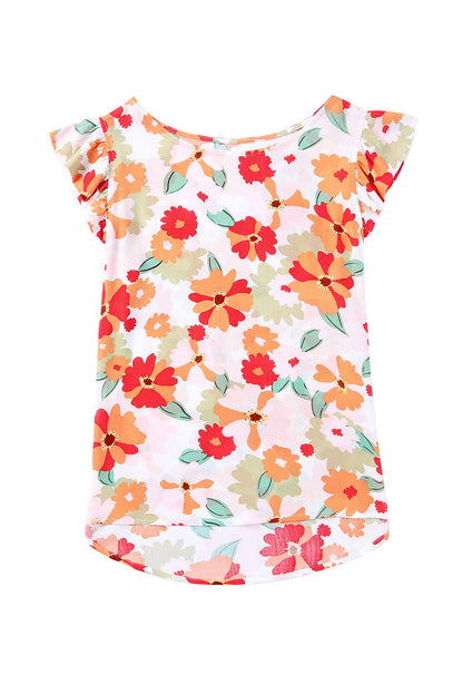 Multicolor Plus Size Floral Flutter Ruffle Sleeves Blouse