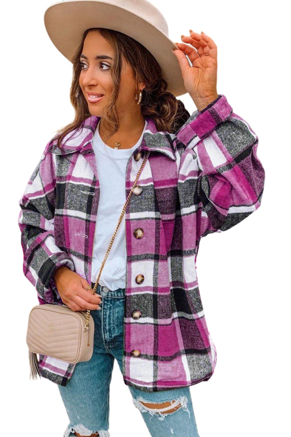 Cozy up in this top-notch, high-quality jacket - perfect for keeping cold temps at bay! Its plaid print gives it a cool, casual look that's made even more stylish with a button closure design. All that, and it pairs with all your favorite bottoms and tops! 100% Polyester in Brown, Beige, Gray, or Violet - pick your fave!