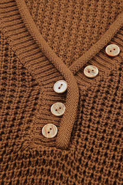 Khaki Pointelle Knit Button V Neck Drop Shoulder Sweater