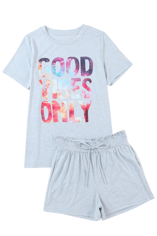 Conjunto de salón con estampado de letras brillantes GOOD VIBES ONLY en gris