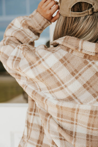 Khaki Sherpa Plaid Button Pocketed Jacket