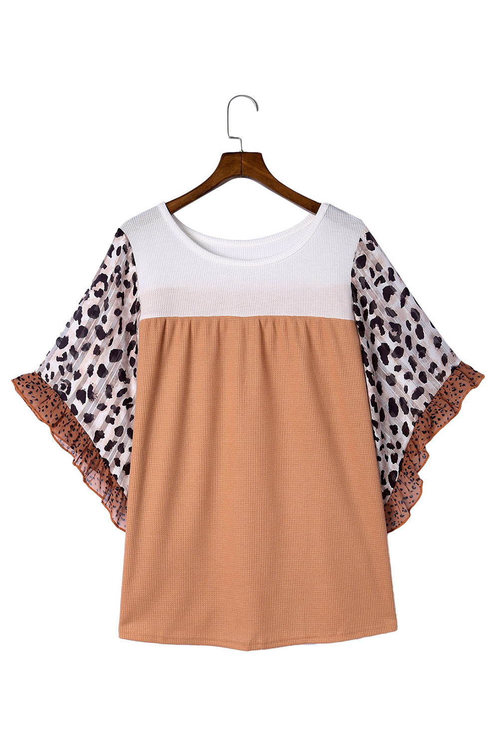 Blusa de punto gofre color caqui con estampado animal y mangas con volantes en talla grande