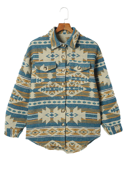 Chaqueta con bolsillos con solapa y botones y estampado azteca occidental en azul 