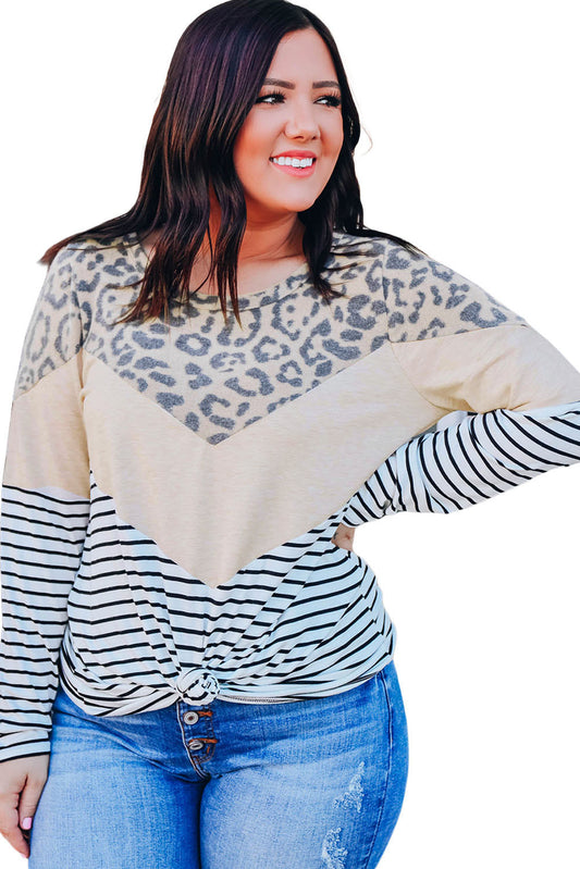 Multicolor Leopard Colorblock Striped Patchwork Plus Size Long Sleeve Tee