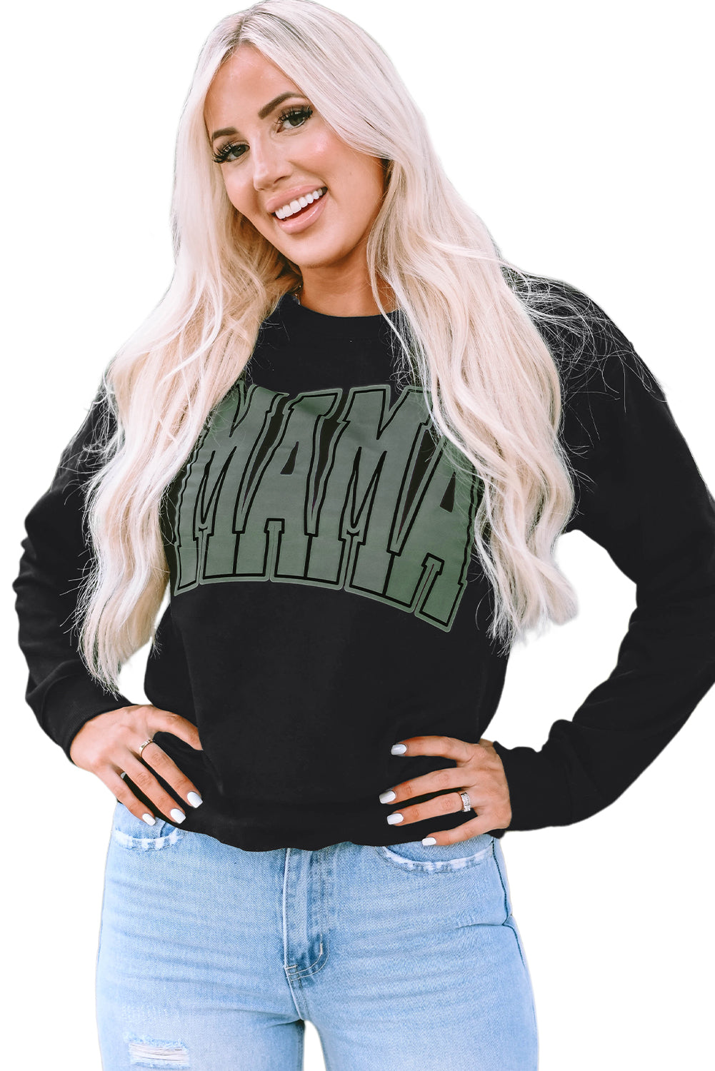 This MAMA graphic pullover sweatshirt is a perfect blend of classic and fashionable. Its loose-fitting drop-shoulder style is perfect for layering over jeans and joggers. Crafted from a cozy blend of 65% Polyester and 35% Cotton, it comes in classic black and is exclusively available from Moodz Boutique.