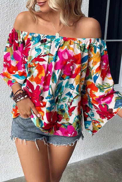 Blusa de manga ancha con hombros descubiertos y estampado floral multicolor