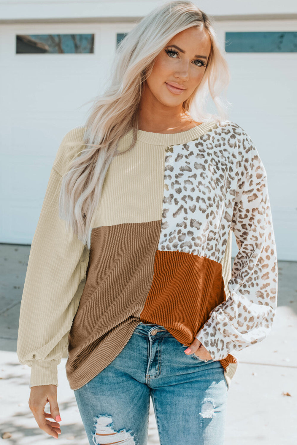 Leopard Patchwork Color Block Ribbed Long Sleeve Top