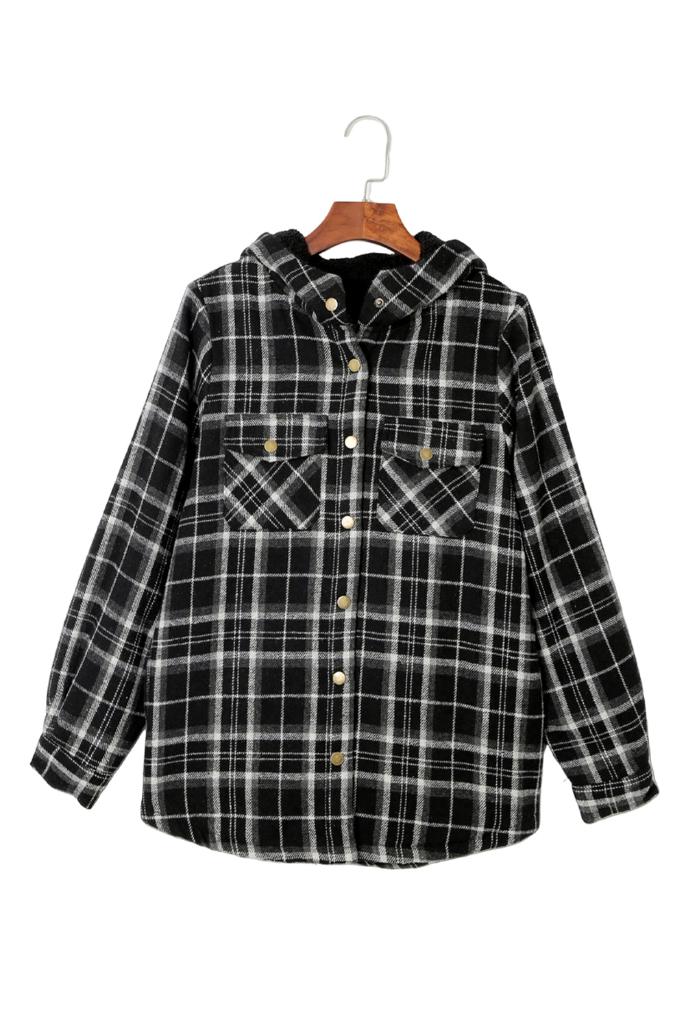 Gray Plaid Pattern Sherpa Lined Hooded Shacket