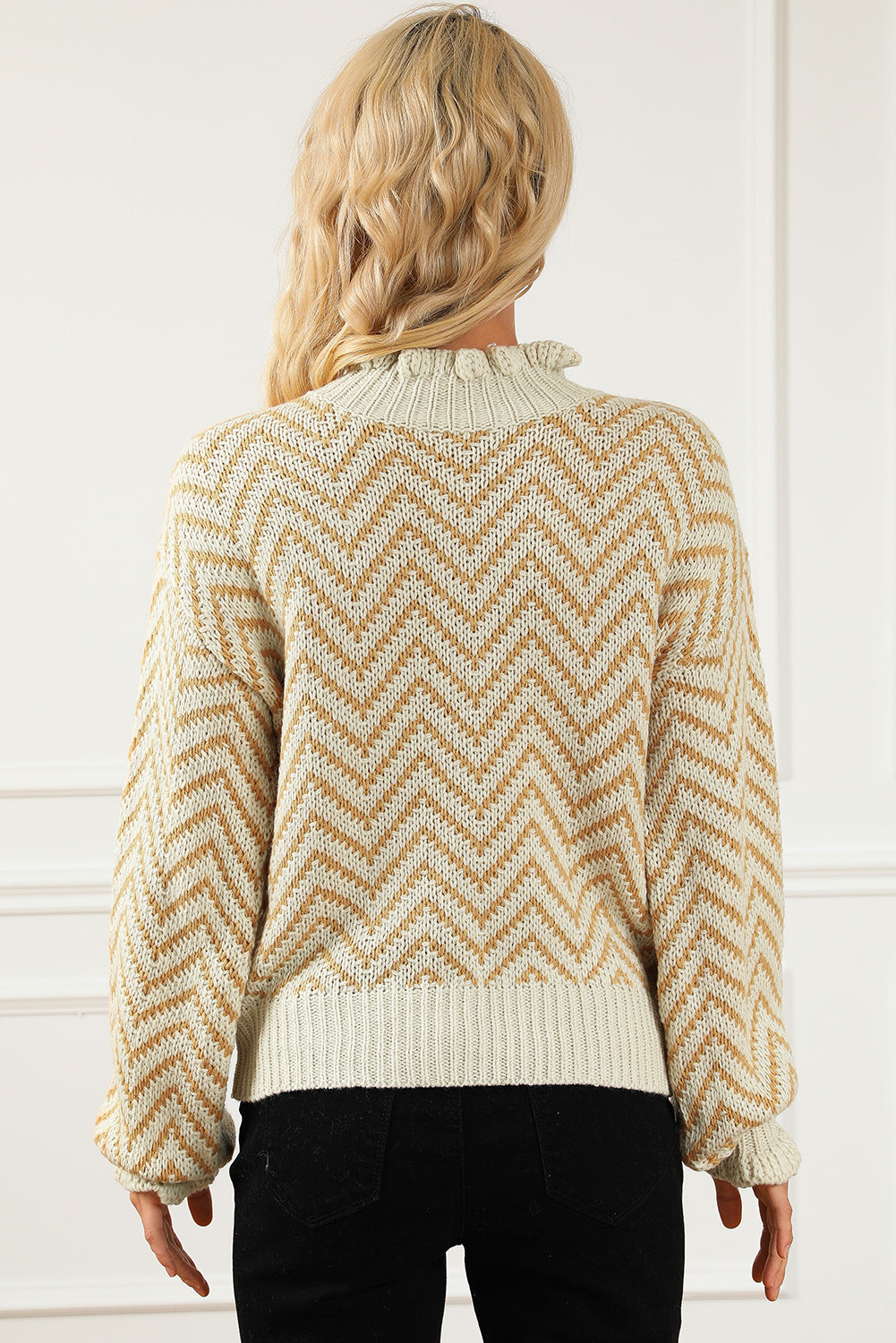 Khaki Chevron Striped High Neck Drop Shoulder Sweater