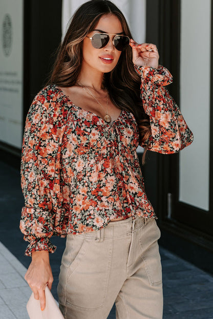 Orange Floral Flounce Sleeve Front Tie Sweetheart Neck Blouse