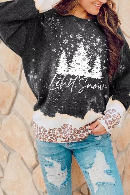 Sudadera con estampado navideño de leopardo y nieve en color negro 