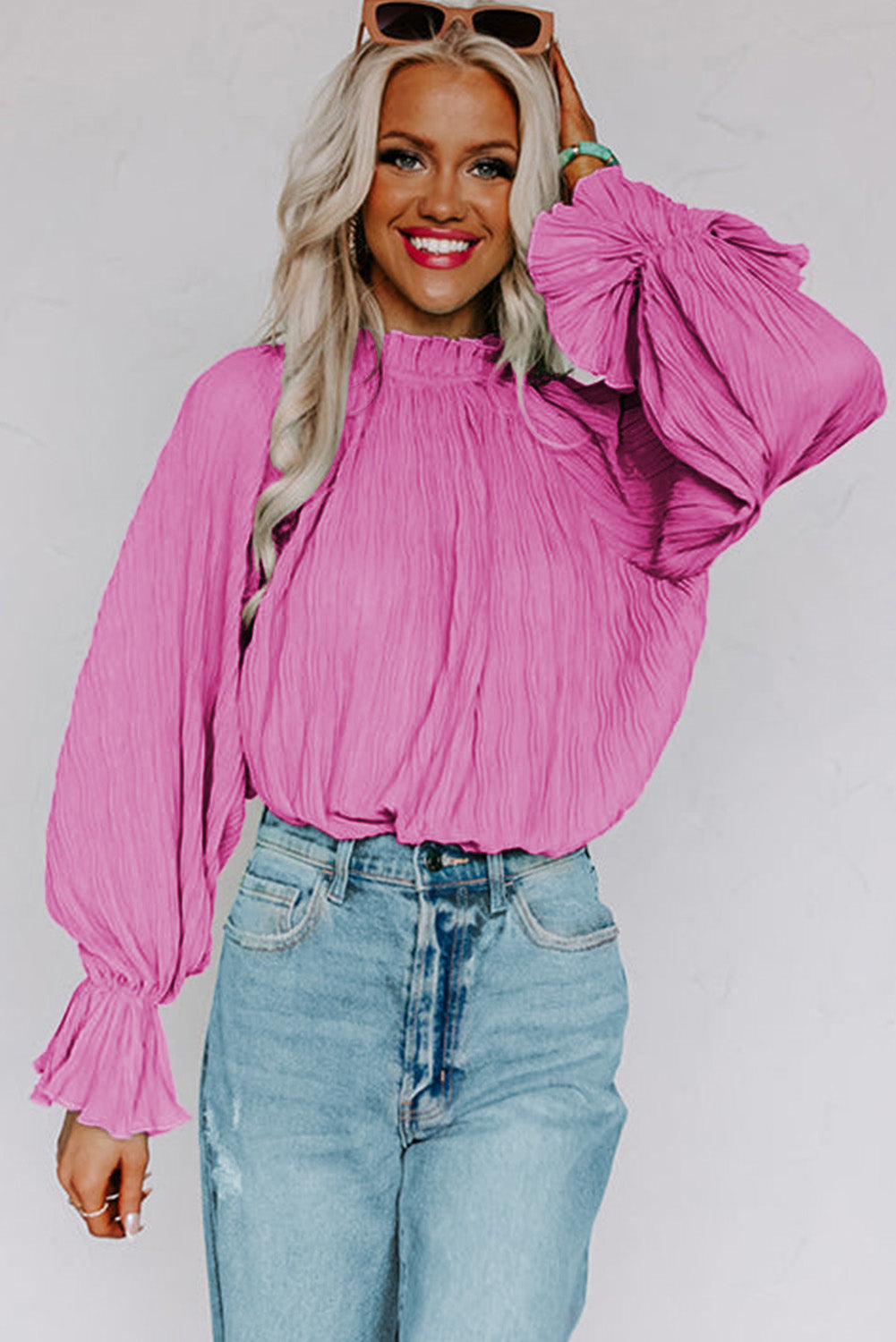 Pink Striking Pleated Flared Cuff Long Sleeve Blouse