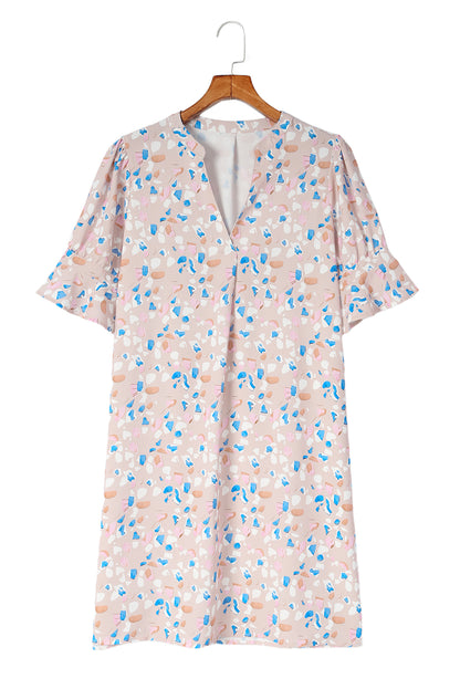 Pink Ruffled Sleeves Abstract Print Shift Dress