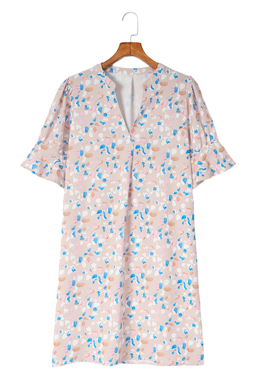 Pink Ruffled Sleeves Abstract Print Shift Dress