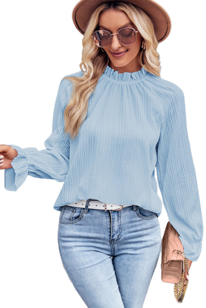 Sky Blue Frilled Mock Neck Ripple Bubble Sleeve Blouse