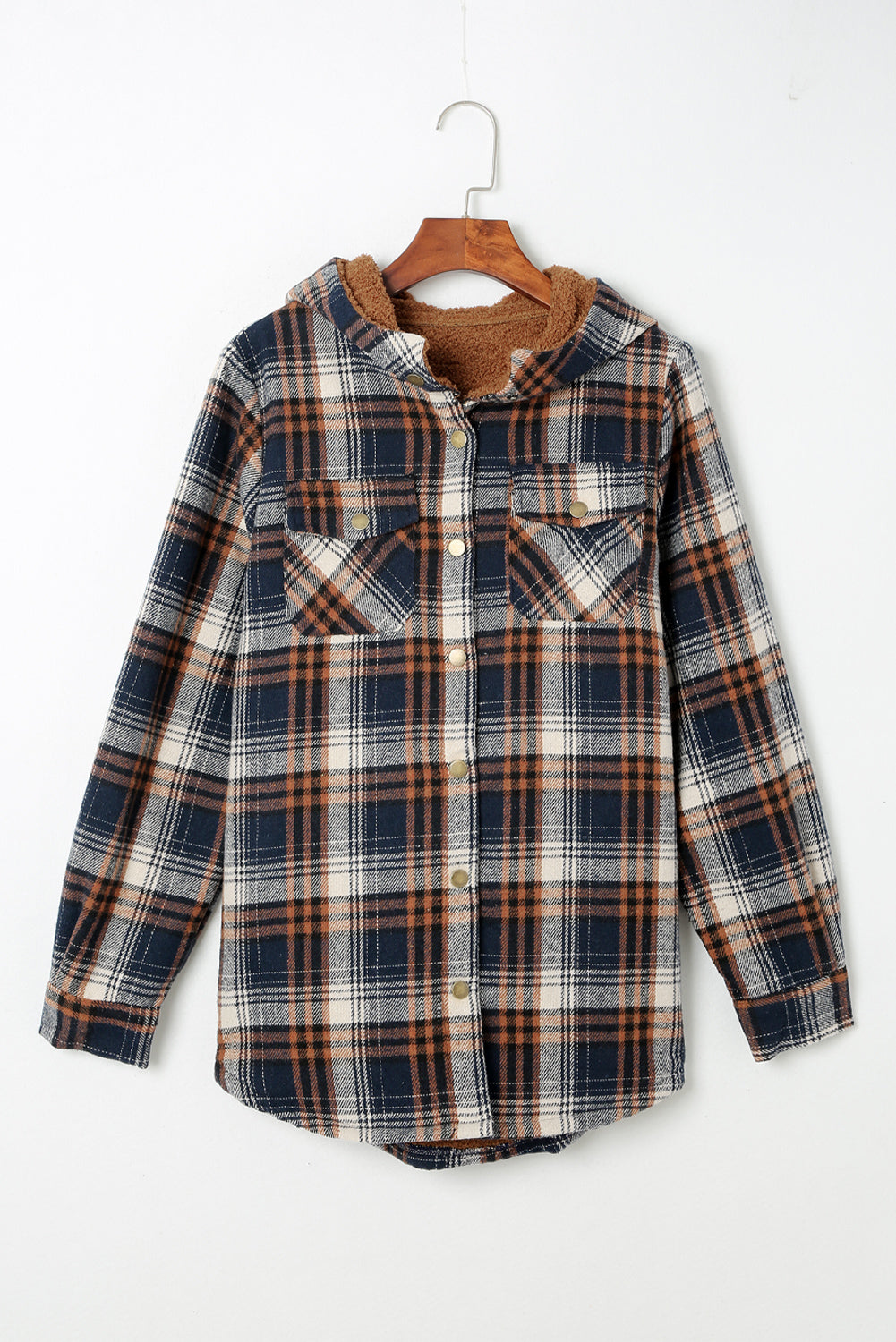 Gray Plaid Pattern Sherpa Lined Hooded Shacket