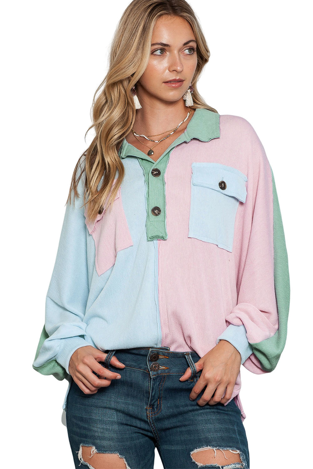 Multicolor Exposed Seam Colorblock Ribbed Oversized Henley Top