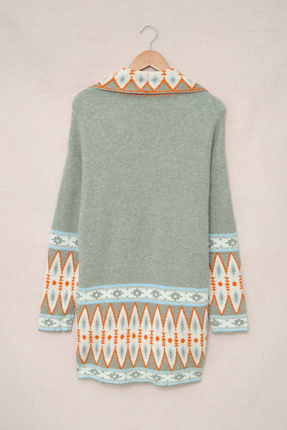 Green Aztec Print Open Front Knitted Cardigan