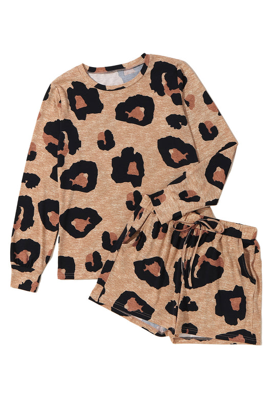 Conjunto casual de jersey de manga larga y pantalones cortos con estampado de leopardo