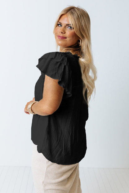 This Curvy blouse has it all—from lightweight material and crochet details to a v-neck and flutter sleeves. The relaxed fit flatters most shapes and looks great with pants or skirts! 55% Viscose, 45% Polyester. Pick it up in Black or Rose.