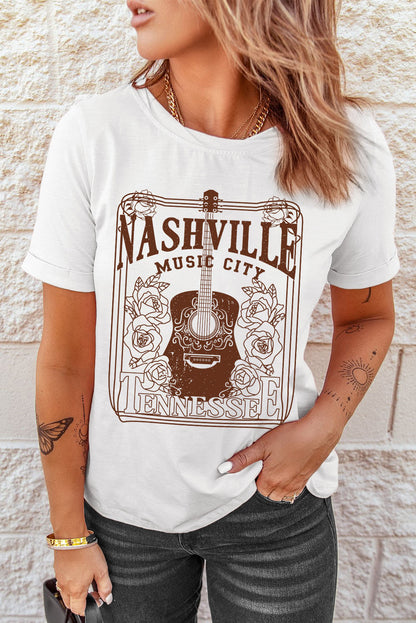 Camiseta blanca con cuello redondo y gráfico de NASHVILLE MUSIC CITY