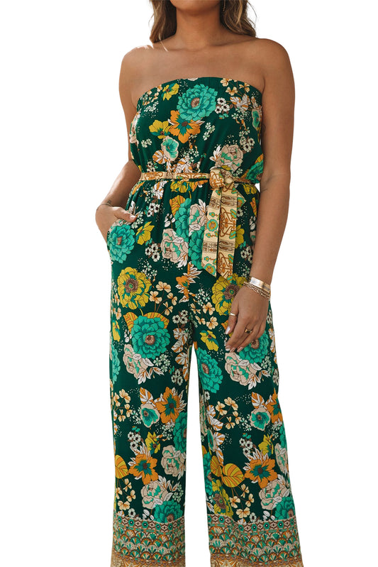 Mono sin tirantes con cinturón y estampado floral estilo boho verde 