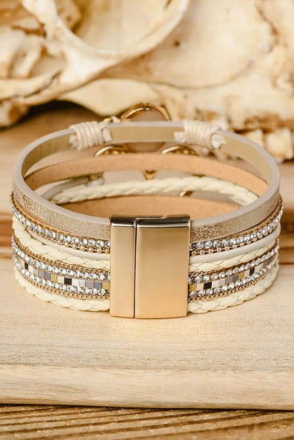 Pulsera con hebilla magnética y diamantes de imitación en forma de corazón bohemio beige