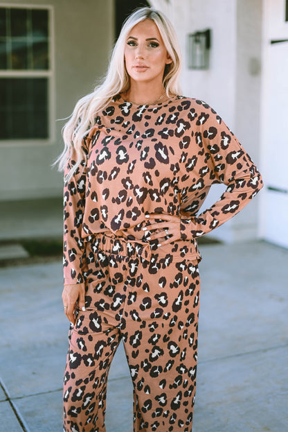 Conjunto de jersey y pantalón de manga larga con estampado de leopardo marrón