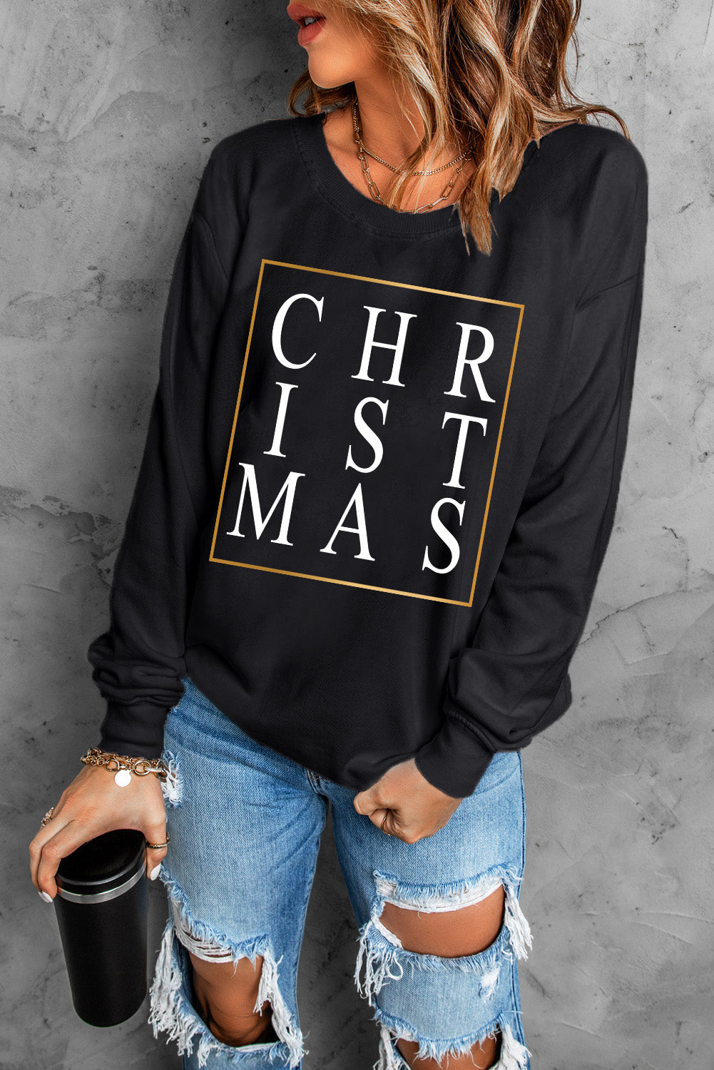 Gray Christmas Letter Plaid Car Graphic Print Pullover Sweatshirt