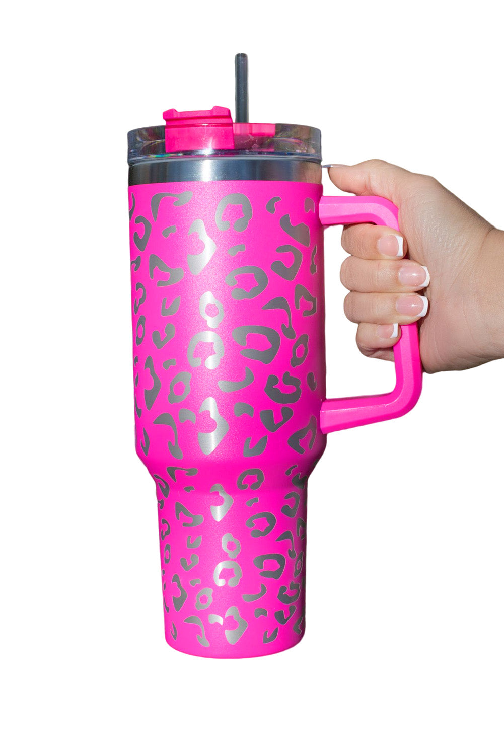 Taza de acero inoxidable 304 con doble aislamiento y manchas de leopardo rosa de 40 oz