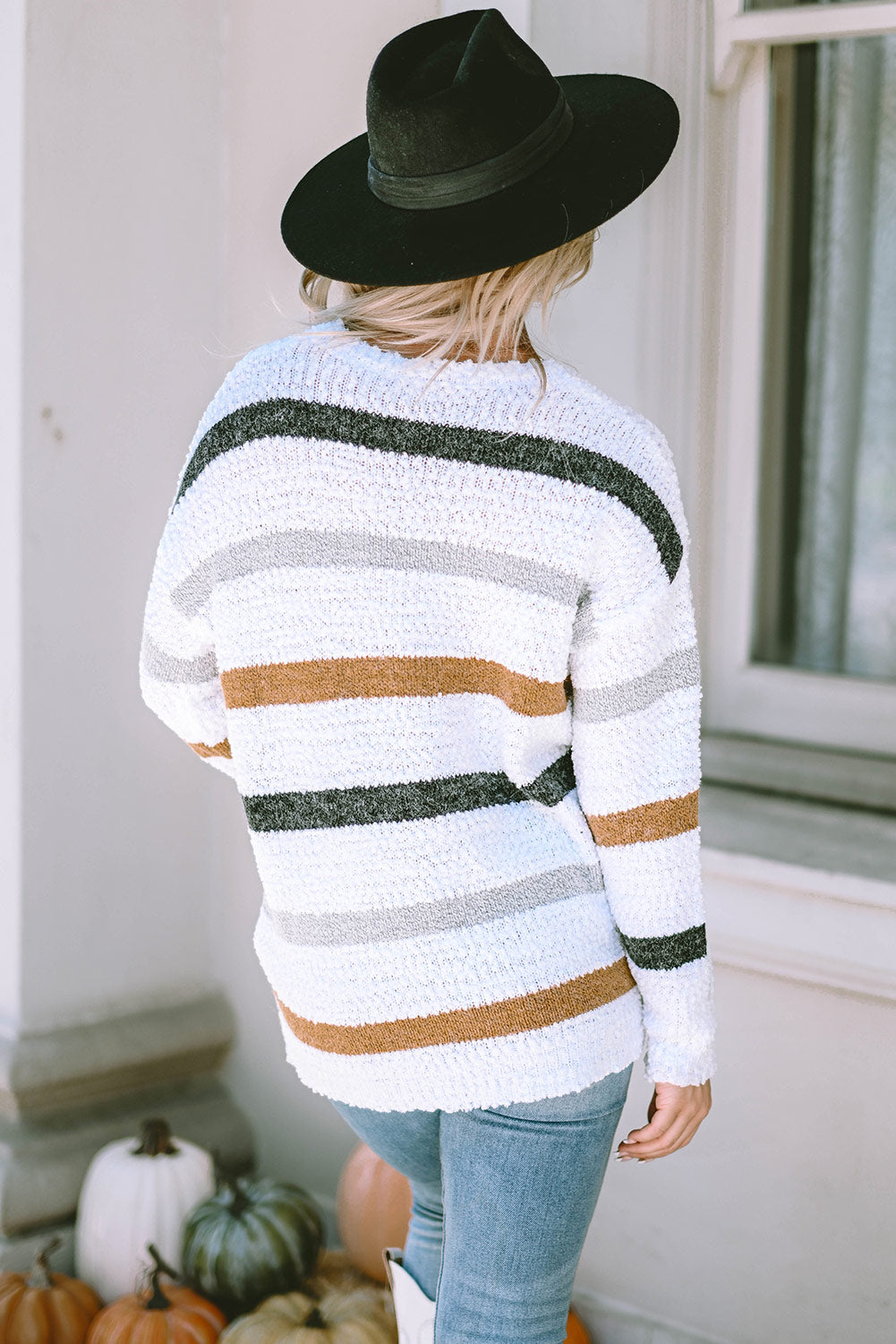 Light Pink Striped Popcorn Knit Sweater