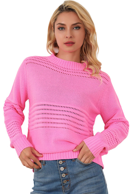 Pink Solid Color Cable Knit Eyelets Mock Neck Sweater