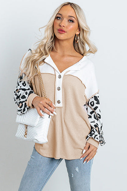 Pink Leopard Sleeve Patchwork Waffle Knit Top