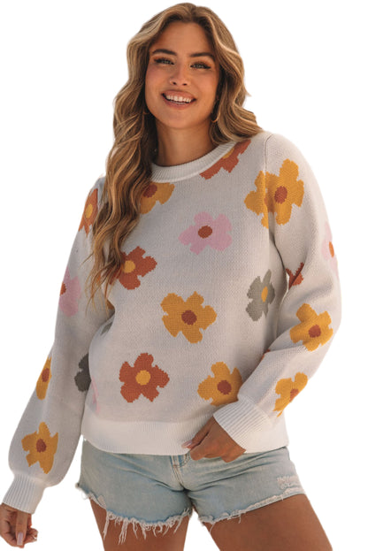 Ribbed Trim Flower Sweater