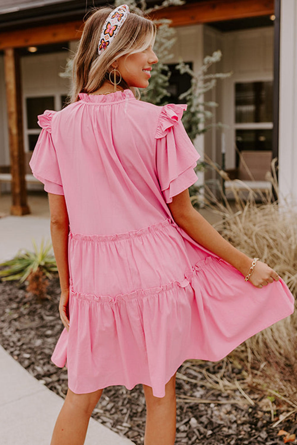 Pink V Neck Layered Ruffled Sleeves Mini Dress