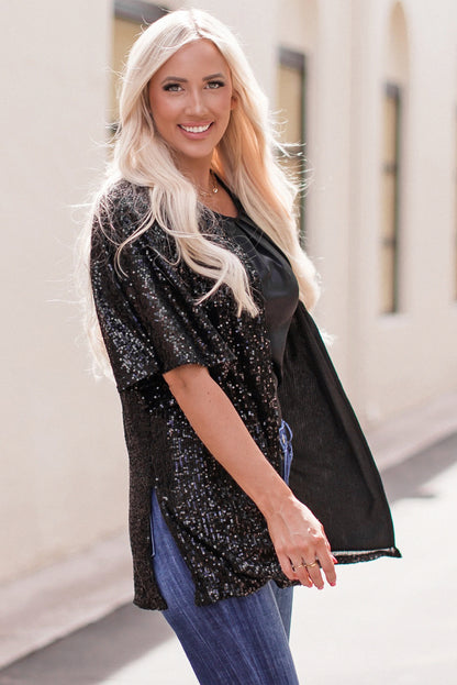 Black Luster Sequin Half Sleeves Draped Open Front Top