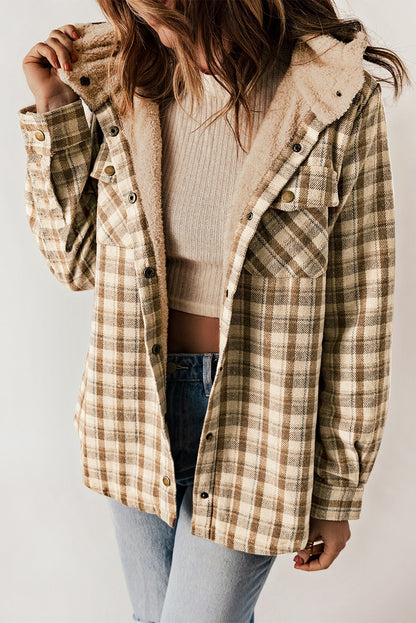 Gray Plaid Pattern Sherpa Lined Hooded Shacket