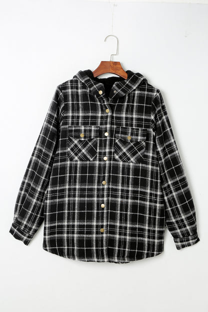 Gray Plaid Pattern Sherpa Lined Hooded Shacket