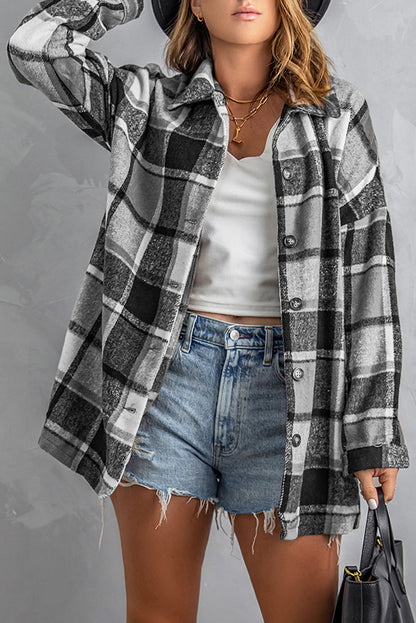 Cozy up in this top-notch, high-quality jacket - perfect for keeping cold temps at bay! Its plaid print gives it a cool, casual look that's made even more stylish with a button closure design. All that, and it pairs with all your favorite bottoms and tops! 100% Polyester in Brown, Beige, Gray, or Violet - pick your fave!