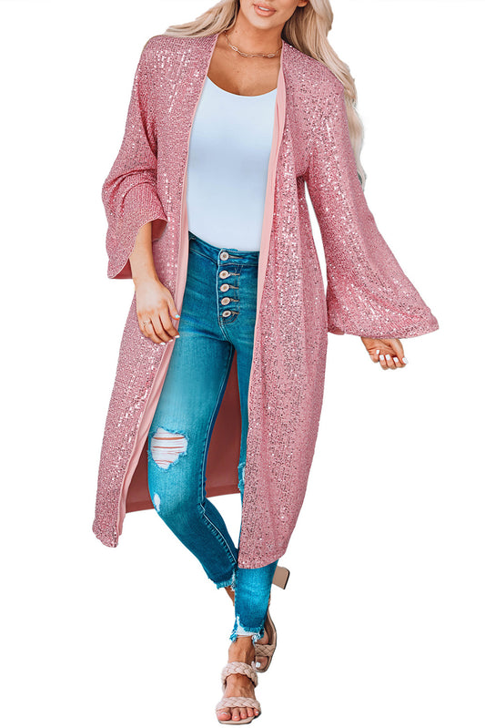 Pink Flare Sleeve Open Front Sequin Kimono