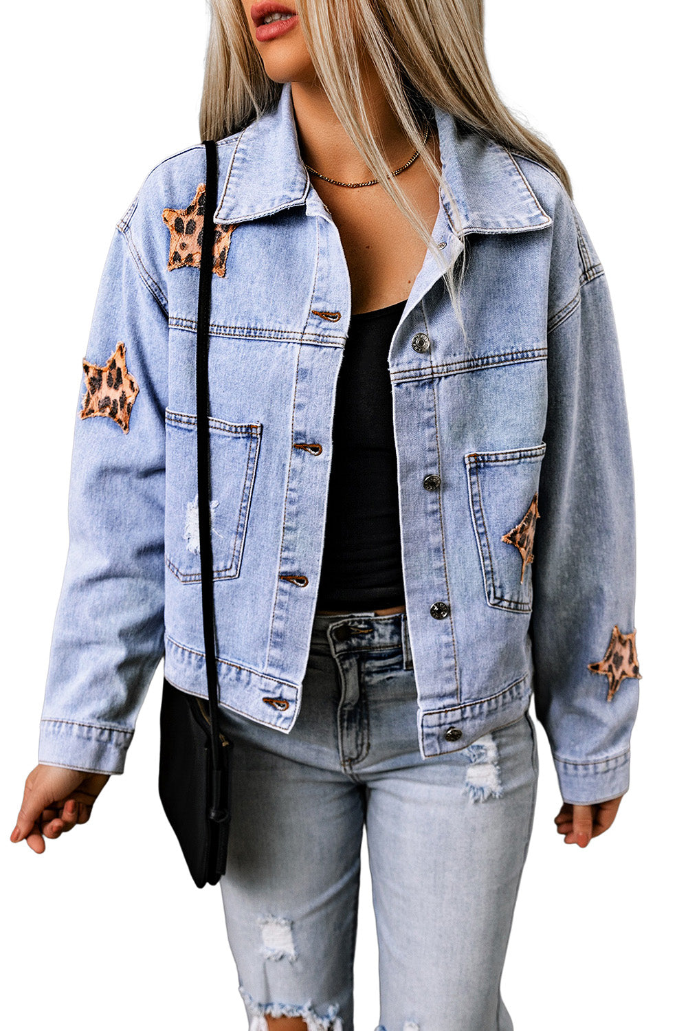 Sky Blue Leopard Star Distressed Cropped Denim Jacket