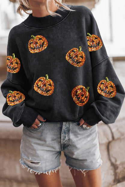 Sudadera relajada con calabaza de Halloween y lentejuelas negras 