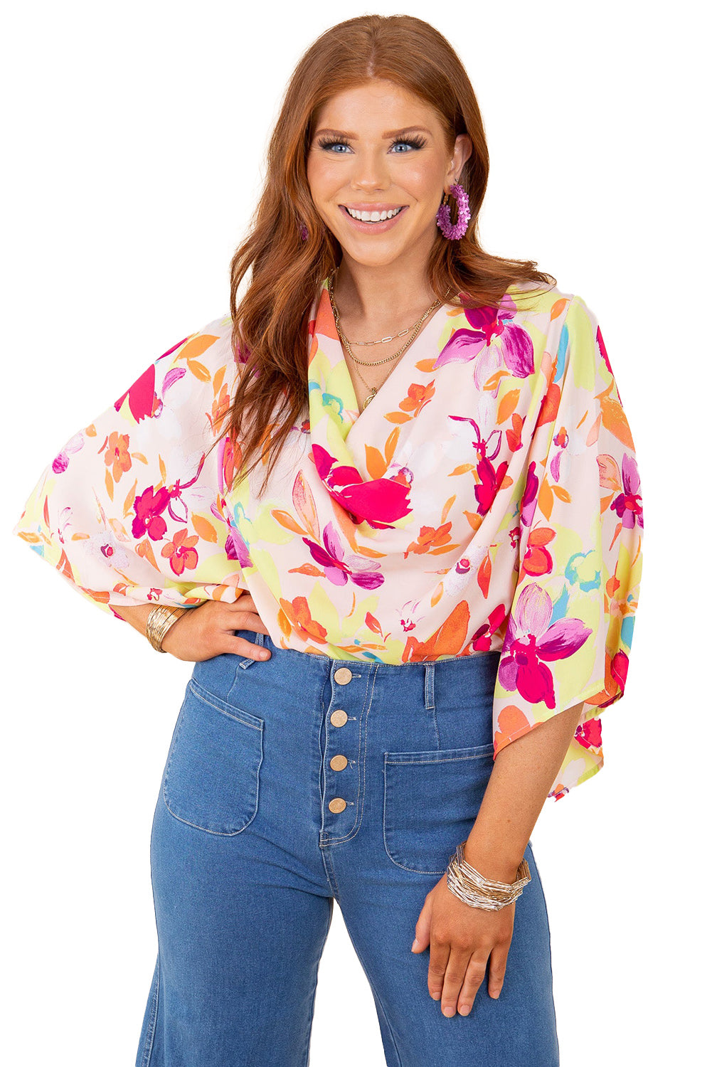 Multicolor Floral Print Cowl Neck Plus Size Blouse